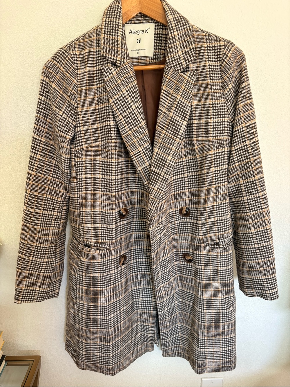 Allegra K Plaid Double-Breasted Blazer in Beige and Black - Picture 3 of 4